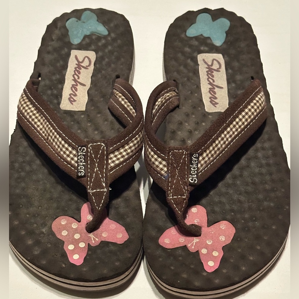 Skechers Brown Flip Flops with Pink and Teal Butterfly Accents